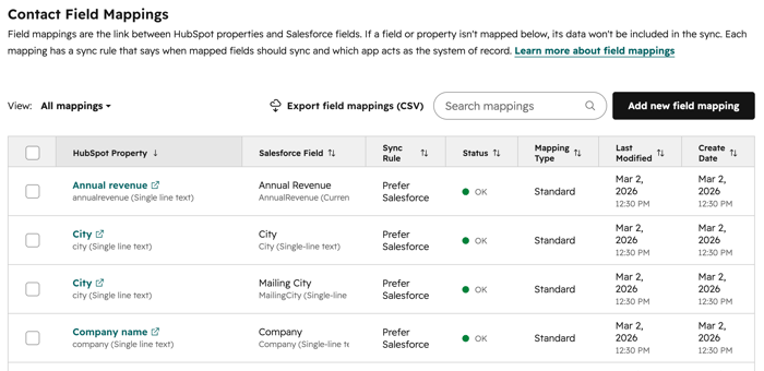 Screenshot showing how to create contact property mappings for the Salesforce integration in HubSpot. 