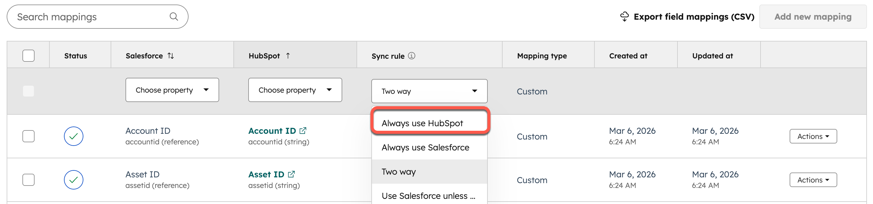 Screenshot showing the Always use HubSpot field mapping sync rule option. 