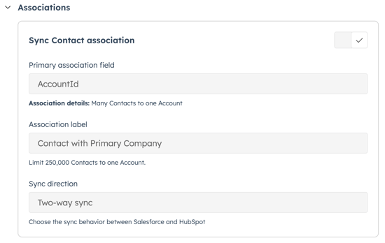 Screenshot showing how to sync company associations and association labels, as well as selecting a sync direction. 