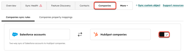 Screenshot showing the Companies tab in the Salesforce integration in HubSpot, highlighting the toggle to turn the company sync on. 