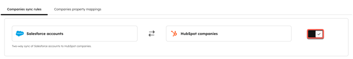 Screenshot showing the sync toggle for the Company object. 
