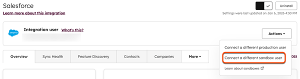 Capture d’écran montrant l’option déroulante pour connecter un utilisateur de sandbox. 