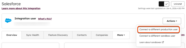Capture d’écran montrant l’option de menu déroulant pour connecter un utilisateur de production. 
