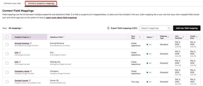 Screenshot showing the tab to create contact property mappings for the Salesforce integration in HubSpot.