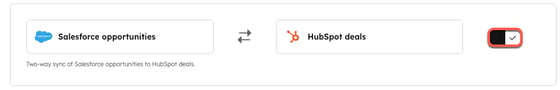 Screenshot showing the toggle to turn on the Salesforce deal sync in HubSpot.