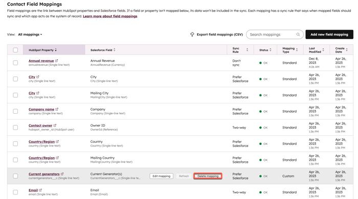 Screenshot showing the option to delete a mapping.