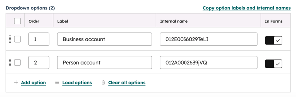 Screenshot showing how to create dropdown options for Salesforce record types.