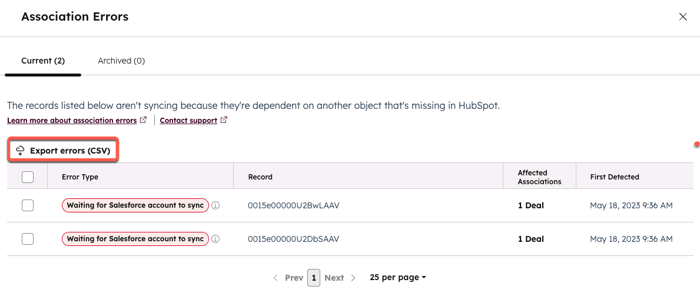 screenshot showing the button to export Salesforce sync errors in HubSpot