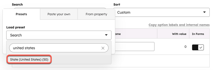 Screenshot showing the Load preset dropdown menu and the option for State (United States).