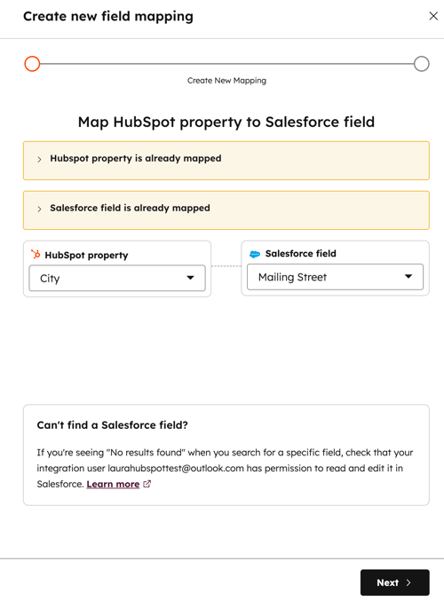Screenshot showing an error message in HubSpot when the selected property is already mapped or if there is a type mismatch. 