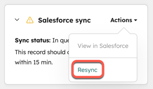 Screenshot showing the Resync button on a company record in HubSpot.