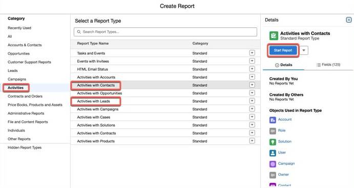 screenshot showing how to start a report for activities in Salesforce.