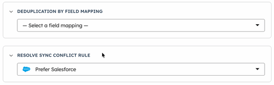 GIF showing how to select a sync conflict rule for the Salesforce company sync. 
