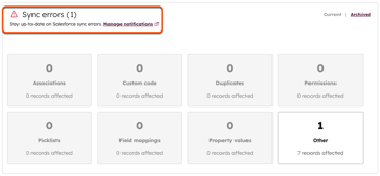 Screenshot showing sync errors for Salesforce in HubSpot.