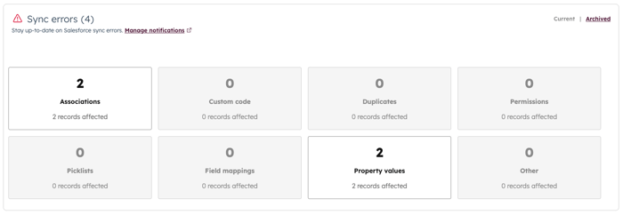 Screenshot showing the Sync errors cards for each error type. 