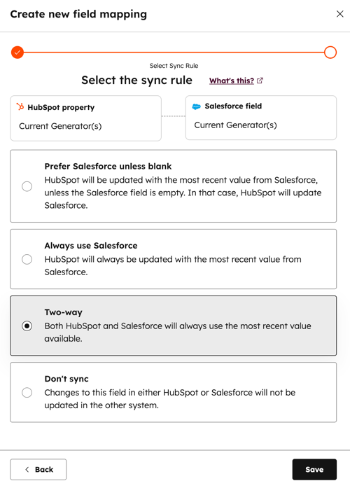 Screenshot showing how to select the sync rule for a new property mapping in HubSpot. 