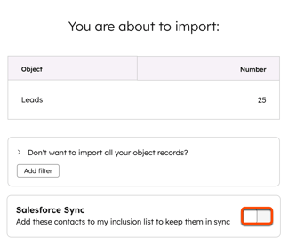 screenshot showing the Salesforce sync toggle in HubSpot to add contact from Salesforce import to inclusion list. 