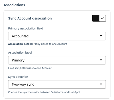 Screenshot showing which associations to select to sync from Salesforce to HubSpot for tickets. 