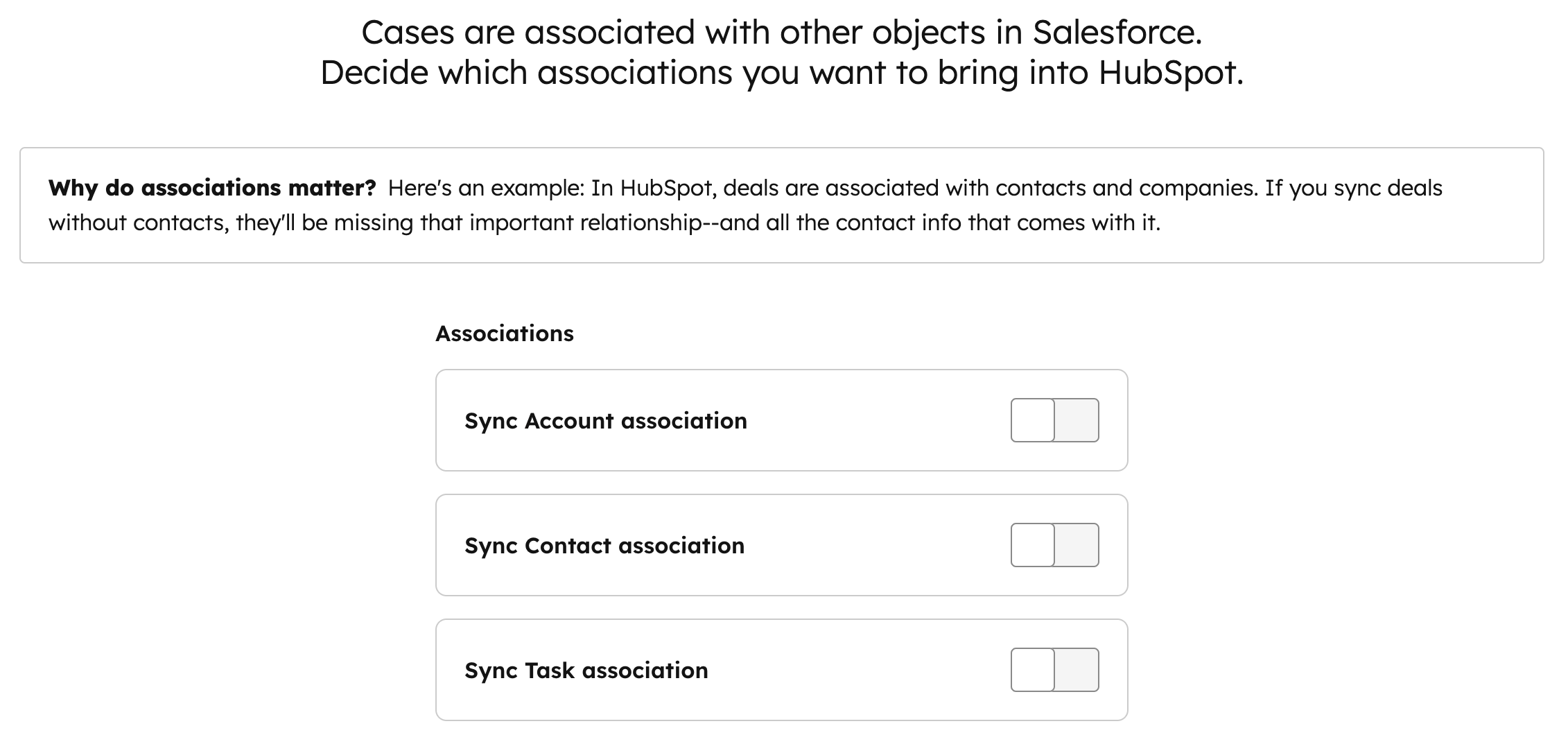 Screenshot showing which associations to select to sync from Salesforce to HubSpot for tickets. 