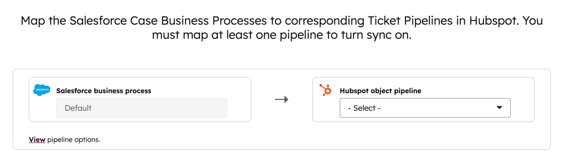 Screenshot showing how to select the HubSpot pipeline to sync Salesforce cases.