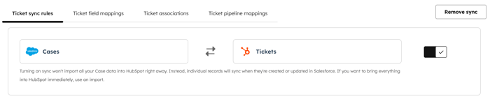 Screenshot showing the Ticket sync toggle in HubSpot. 