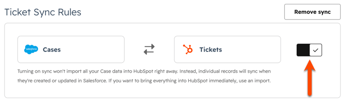 Screenshot showing the Ticket sync toggle in HubSpot. 