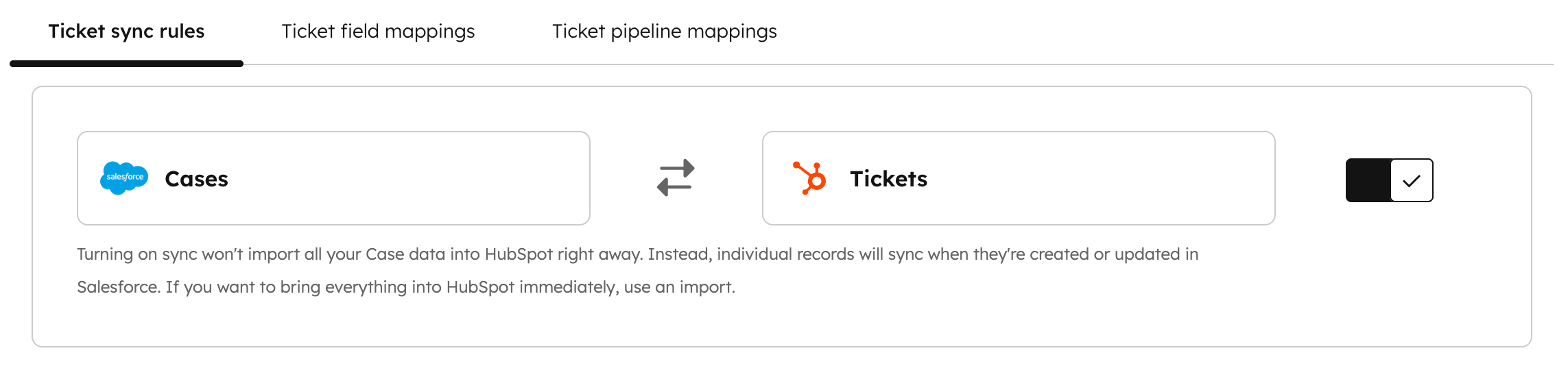 Screenshot showing the Ticket sync toggle in HubSpot. 