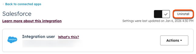 Captura de pantalla que muestra el botón Desinstalar de la integración de Salesforce en HubSpot.