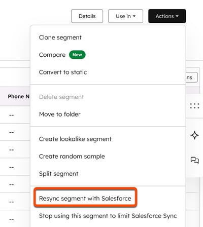 Screenshot showing the option to resync a segment in HubSpot with Salesforce.