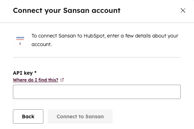 Screenshot showing how to add the Sansan API key to HubSpot to connect the integration.