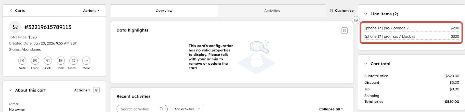 Screenshot showing an example of a cart in HubSpot synced from Shopify, highlighting the product variants. 