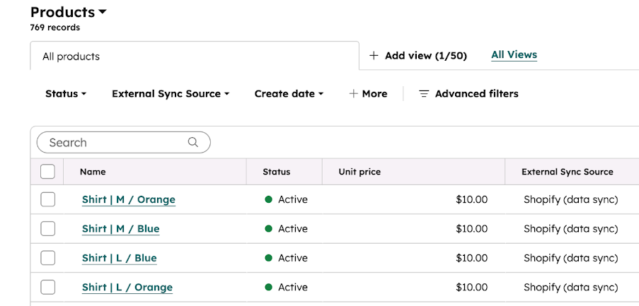 Screenshot showing examples of product variants that synced to HubSpot. 
