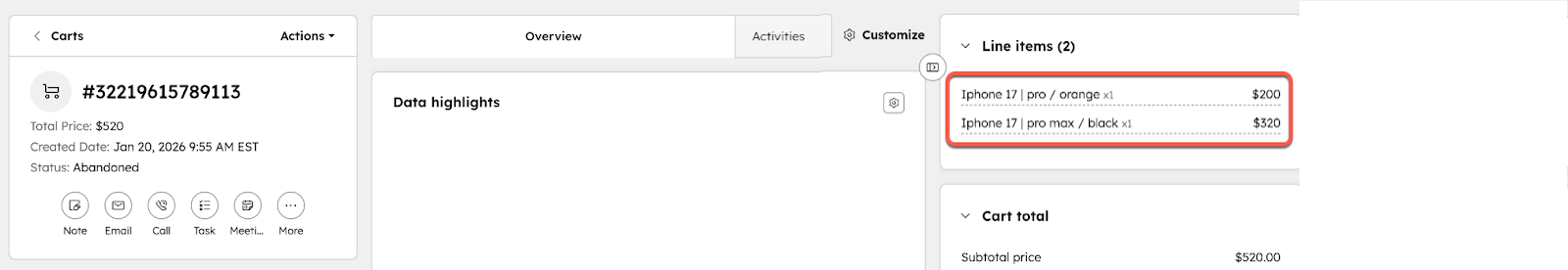 Screenshot showing an example of a cart in HubSpot synced from Shopify, highlighting the product variants. 