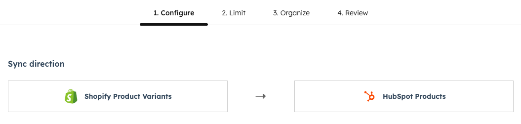 Screenshot showing how to select the object types for the Product Variant sync between Shopify and HubSpot.