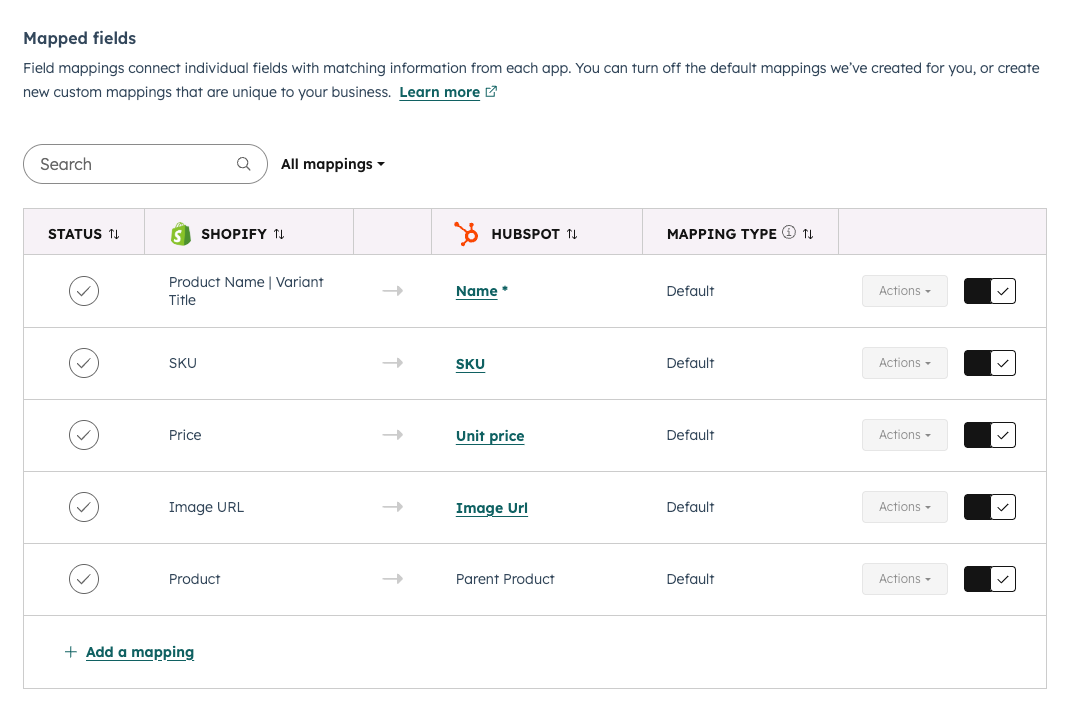 Screenshot showing the Mapped fields section of the Shopify Product Variant sync.