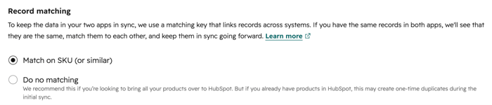 Screenshot showing the Record matching section for the Shopify Product Variant sync.