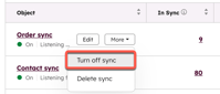 screenshot showing the Turn off sync option for the HubSpot Shopify sync.
