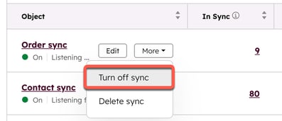 screenshot showing the Turn off sync option for the HubSpot Shopify sync.