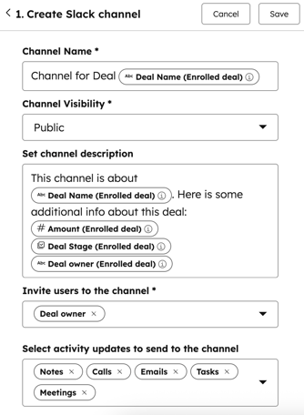 Screenshot showing how to set up the workflow action to create a Slack channel. 