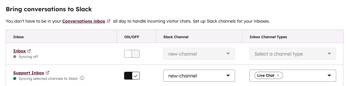 Screenshot showing how the toggle to sync a HubSpot inbox with a Slack channel.