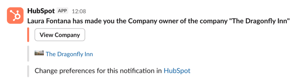 Screenshot showing an example of Slack notification when a company record is assigned to a company owner in HubSpot. 