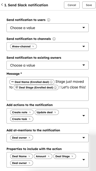 screenshot showing Slack notification workflow action setup