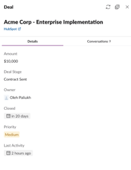 Screenshot showing the unfurl panel for a HubSpot record in HubSpot.