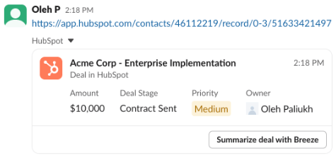 Screenshot showing an example of unfurl for a HubSpot record in Slack.