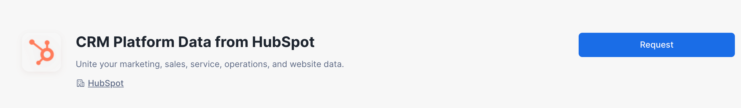 Screenshot showing the Request button on the listing page for CRM Platform Data from HubSpot in Snowflake. 