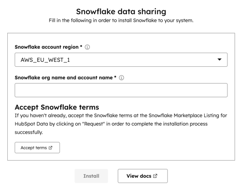 Screenshot showing the Snowflake data sharing page to select the Snowflake account region and account name.