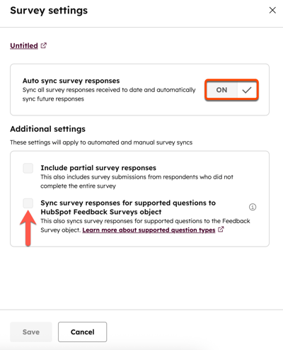 Screenshot showing the settings for an individual survey, highlighting the toggle to auto sync survey responses and the checkbox to sync survey responses to HubSpot Feedback Surveys object. 