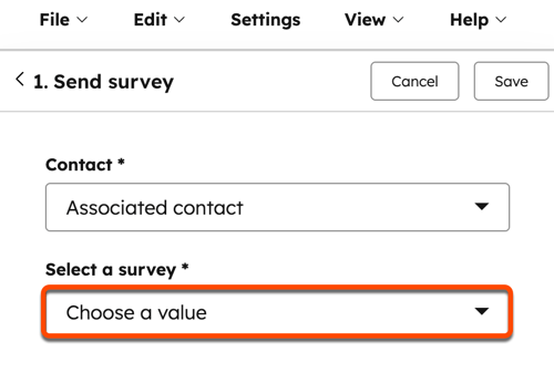 Screenshot showing the workflow action to send a SurveyMonkey survey. 