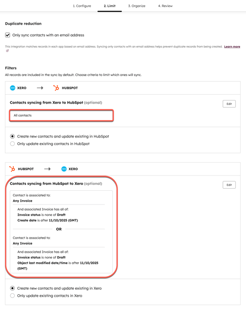 Imagem dos filtros de sincronização HubSpot para contato Xero.