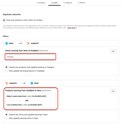 Image of Xero to HubSpot product sync filters.
